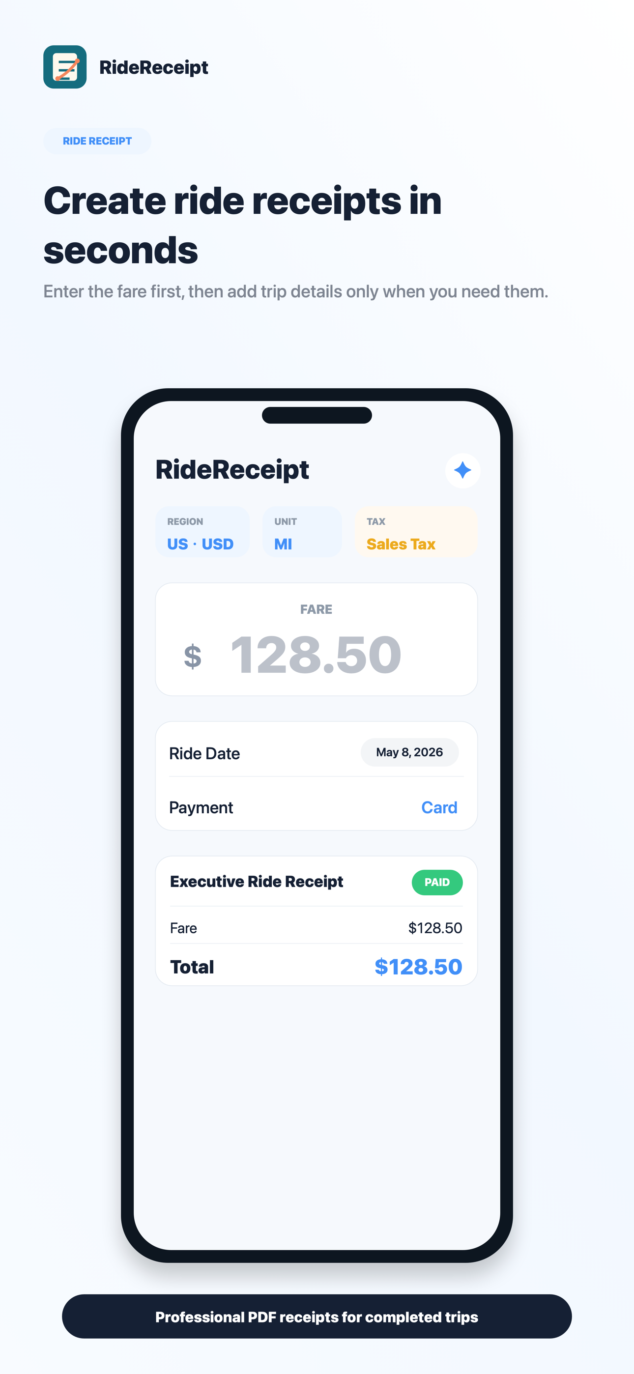 RideReceipt English receipt form on iPhone