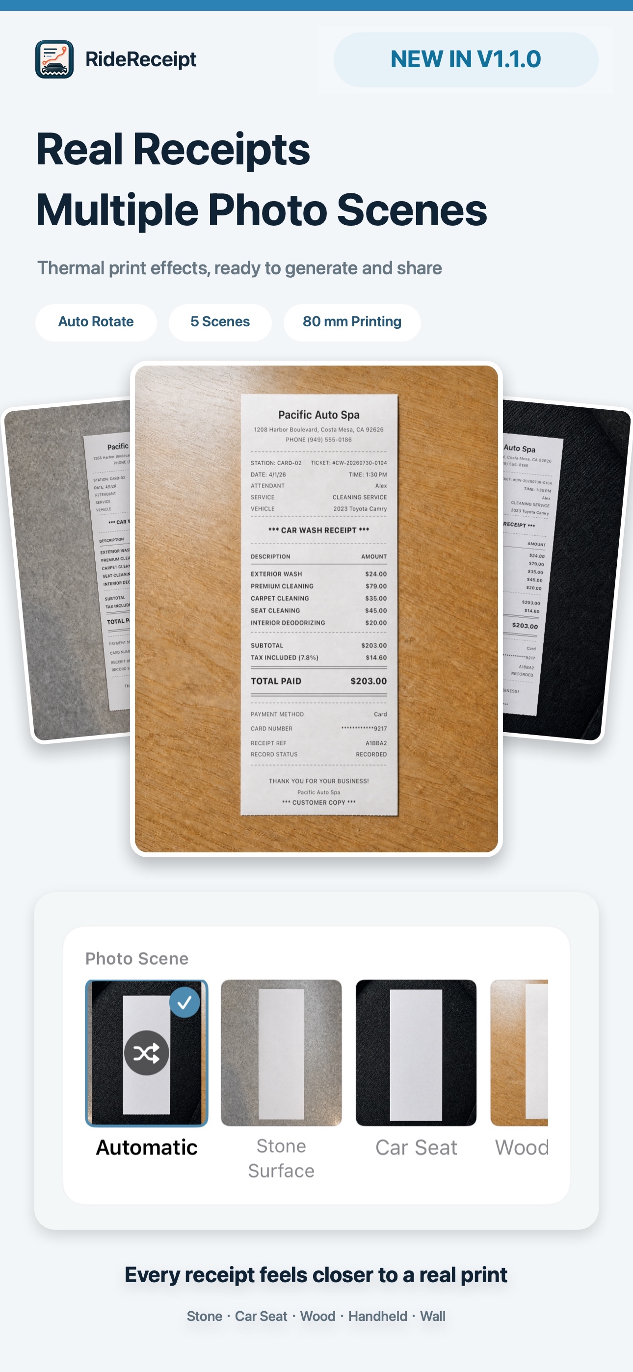 RideReceipt V1.1.0 realistic car wash receipt photo scenes in English