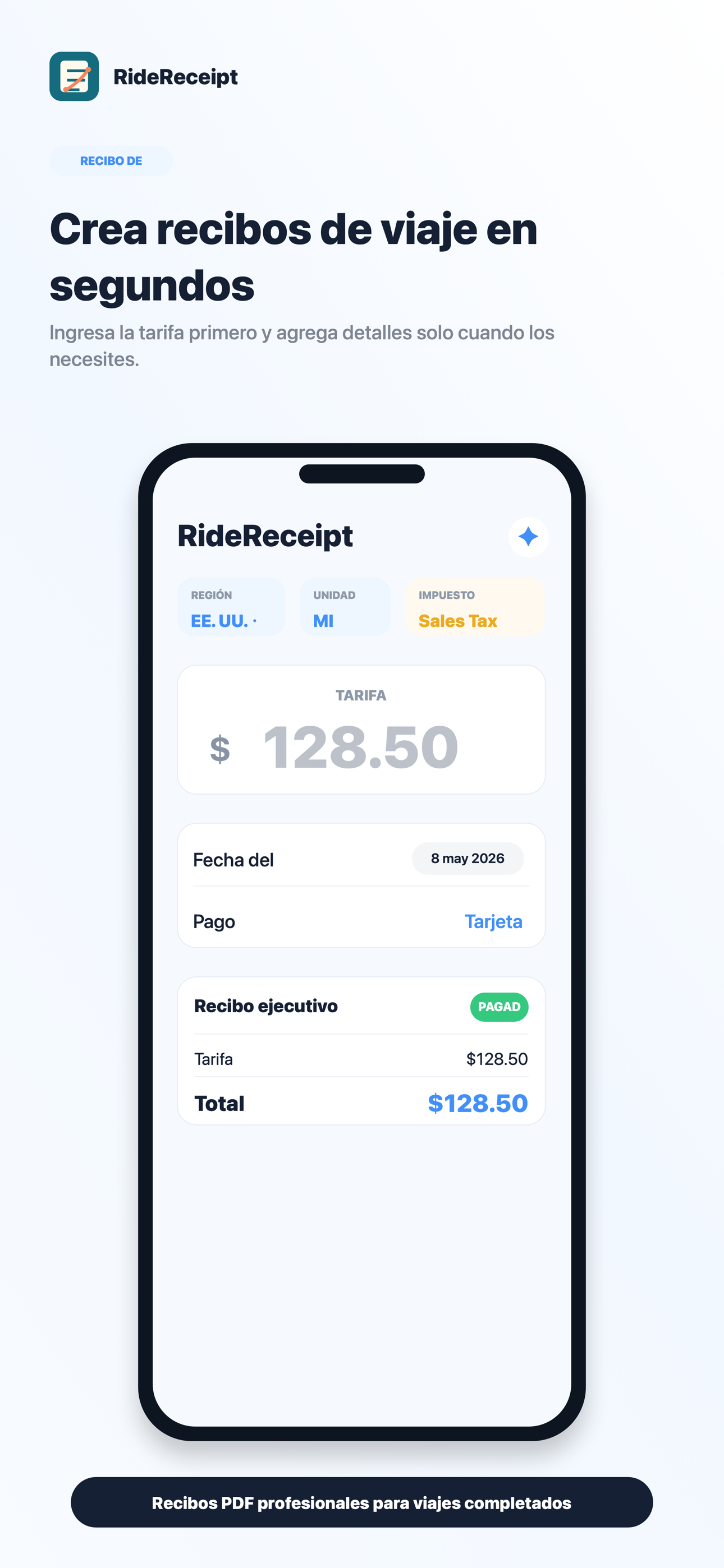 Formulario de recibo de RideReceipt en español
